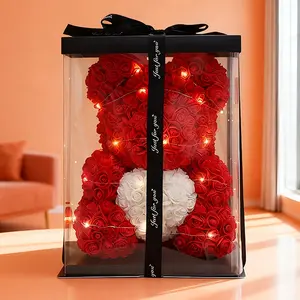 Valentine's Day Heart Rose Bear, Artificial Rose Teddy Bear Light Up Rose Led Flowers Holiday Decoration Gift, Perfect for Valentine's Day, Anniversaries, Birthdays, Wedding Decor