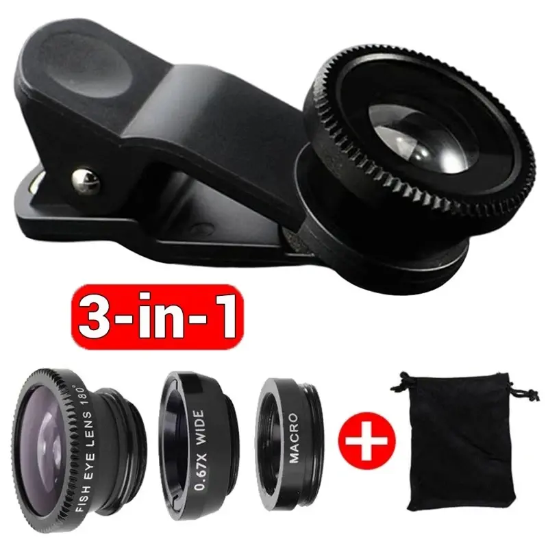 3-in-1 fisheye wide-angle miniature camera lens for iPhone, Xiaomi, and Redmi; 3-in-1 zoom fisheye lens with phone clip, Smartphone Camera Accessories