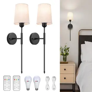 Battery Operated Wall Sconce: Wireless Wall Sconces Set of Two Magnetic Lamp Rechargeable Lights Dimmable Fabric Linen Shade with Wrought Iron Black Round Base for Bedroom Living Room Walls Decor