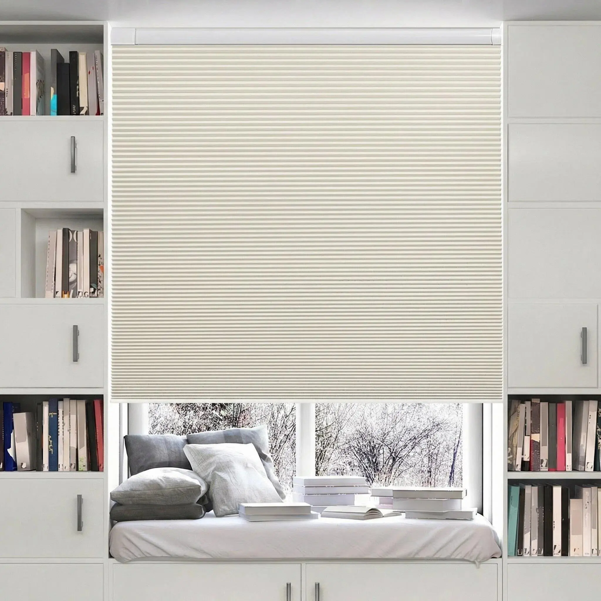 LUXEVOIR Modern No Drill Blackout Honeycomb Blinds, Custom Sizes Cordless Lazy Blinds, Light Blocking Durable Fabric Child-Safe Easy Install Window Blackout Shade for Bedroom, Living Room - Beige