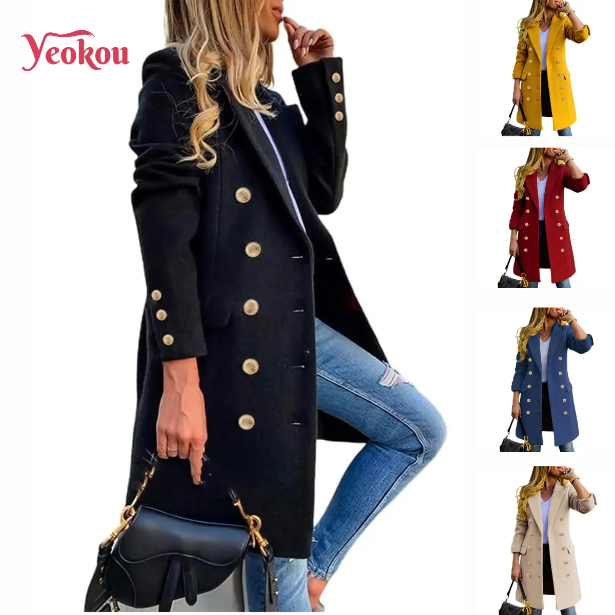 Yeokou Women's Fitted Slim-Fit Long-Sleeve Double-Breasted Wool-Blend Midi Peacoat for Fall Winter