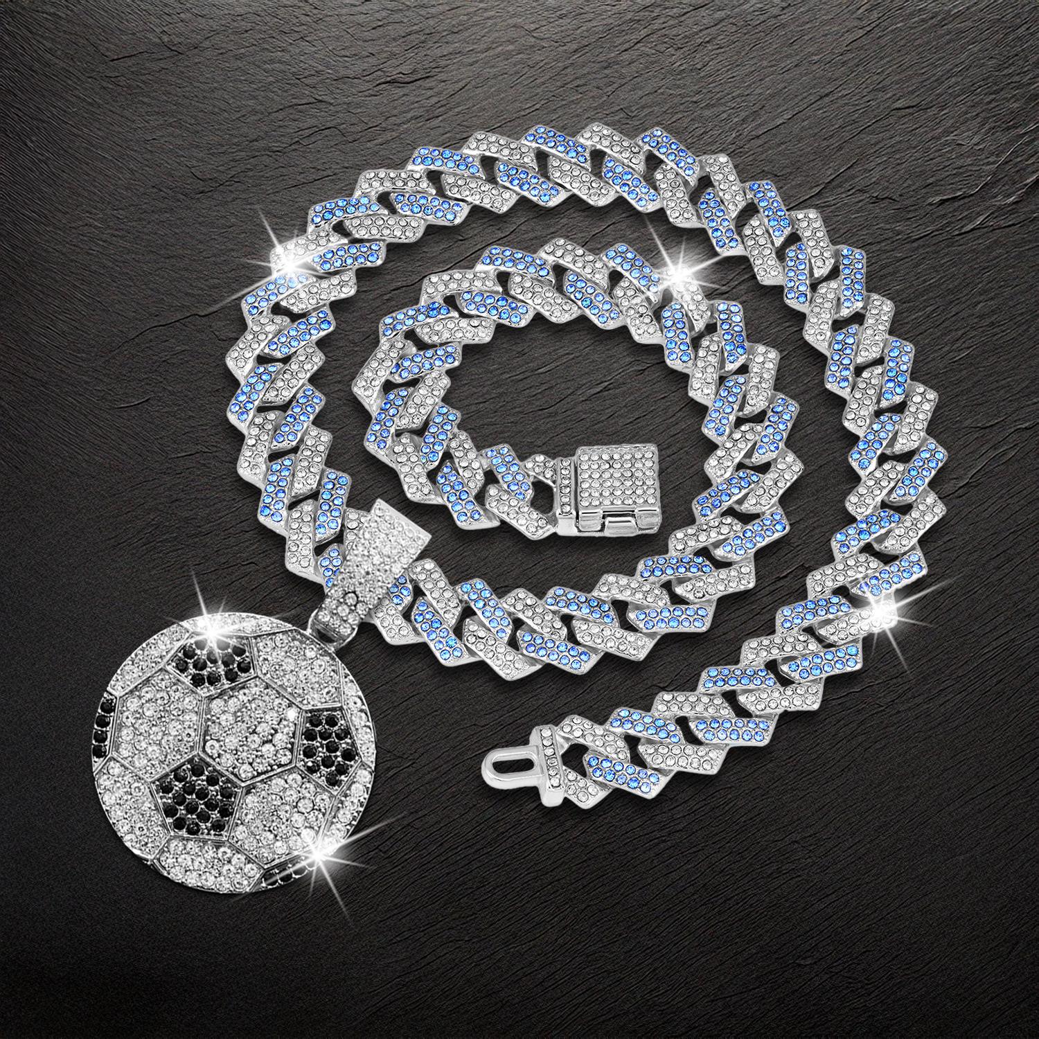 Sliver Gold Football Pandent with Rhombus Cuban Link Chain Hip Hop Rapper Pendant Chain and Football Pendant Wide Chain Miami Diamond Pendant Necklace Jewelry Gifts for Men Women Football Sports Lovers