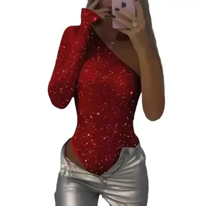 Sparkling Rhinestone One-Shoulder Bodysuit — Perfect for party nights, club outfits, and glam photos. Shine bright like a star! Women’s shapewear bodysuit, fabric sleeve style, polyester.