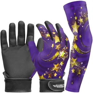 Exxact Sports Youth Batting Gloves with Arm Sleeve for Boys & Girls, Kids Baseball Batting Gloves for Softball, T-Ball (Purple Gold Stars)