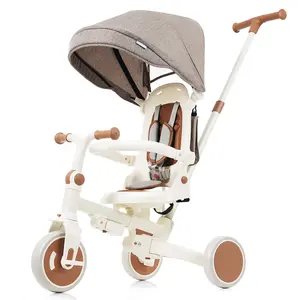 DOMISO 7 in 1 Baby Tricycle, Foldable Toddler Tricycle with Adjustable Parent Handle, Toddler Push Bike with Removable Pedal, Canopy, and Guardrail