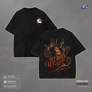 90s Game Ninja Scorpion "GET OVER HERE" Washed T-shirt, Vintage 90s Graphic Tees, Unisex Cotton Loose-Fit men's t shirts, Gift for Super Smash Bros video game summer Tops  Fabric Menswear Streetwear