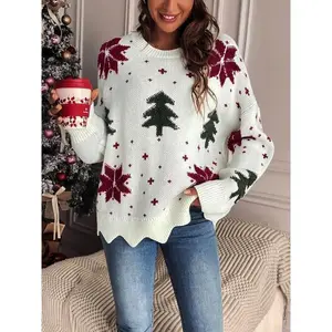 Women's Christmas Tree Print Scallop Trim Drop Shoulder Sweater Pullover, Casual Long Sleeve Round Neck Jumper for Fall & Winter, Ladies' Knitwear for Daily Wear��gift��