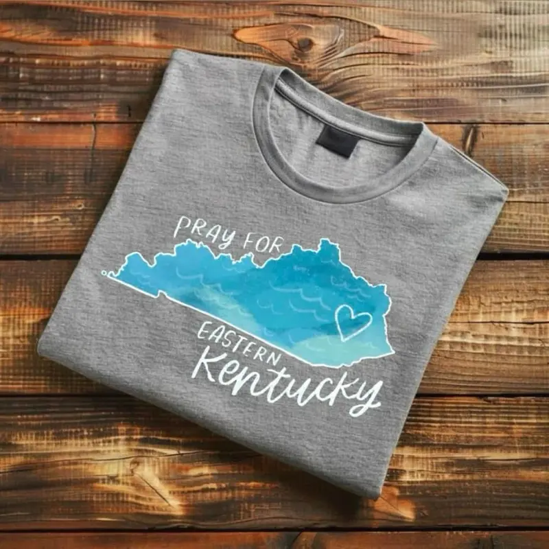 Prayers for Eastern Kentucky - Gray T-Shirt with Graphic Design Featuring "PRAY FOR" Text and Heart
