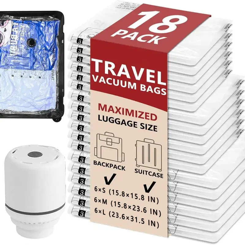 Travel Vacuum Seal Bags Set with Rechargeable Electric Pump & Compression Packing Cubes, Water-Resistant Airtight Re-sealable Home Organiser for Luggage, Garage Storage, Cruises, Space-Saving Home Supply