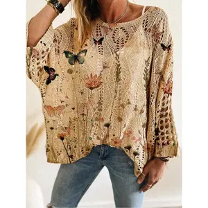 Women’s butterfly print long-sleeved knit top, casual and elegant vacation style, fashionable for spring, summer, autumn, winter