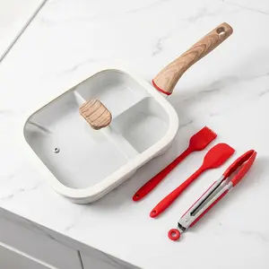 PRTYY Multi-Section Breakfast Griddle with Glass Lid Non-Stick Alloy Pan Body Anti-Scald Wooden Handle for Eggs Pancakes Burgers Frying Fish & More