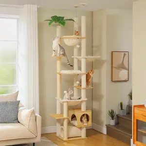 Indoor Height Adjustable Wooden Floor to Ceiling Cat Tower with Scratching Posts Spacious Condo Hammock Tunnel and Cat Toys