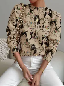 Women's Cartoon Cat Print Stand Collar Sweater, Fall Winter Casual Long Sleeve Knitwear, Comfortable Warm Daily Wear, Womenswear