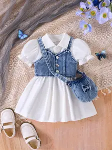 Baby Girl 3-Piece Set, Denim Short Jacket, Solid Color Bubble Sleeve Dress, Bow Decorative Crossbody Bag, Elegant Summer