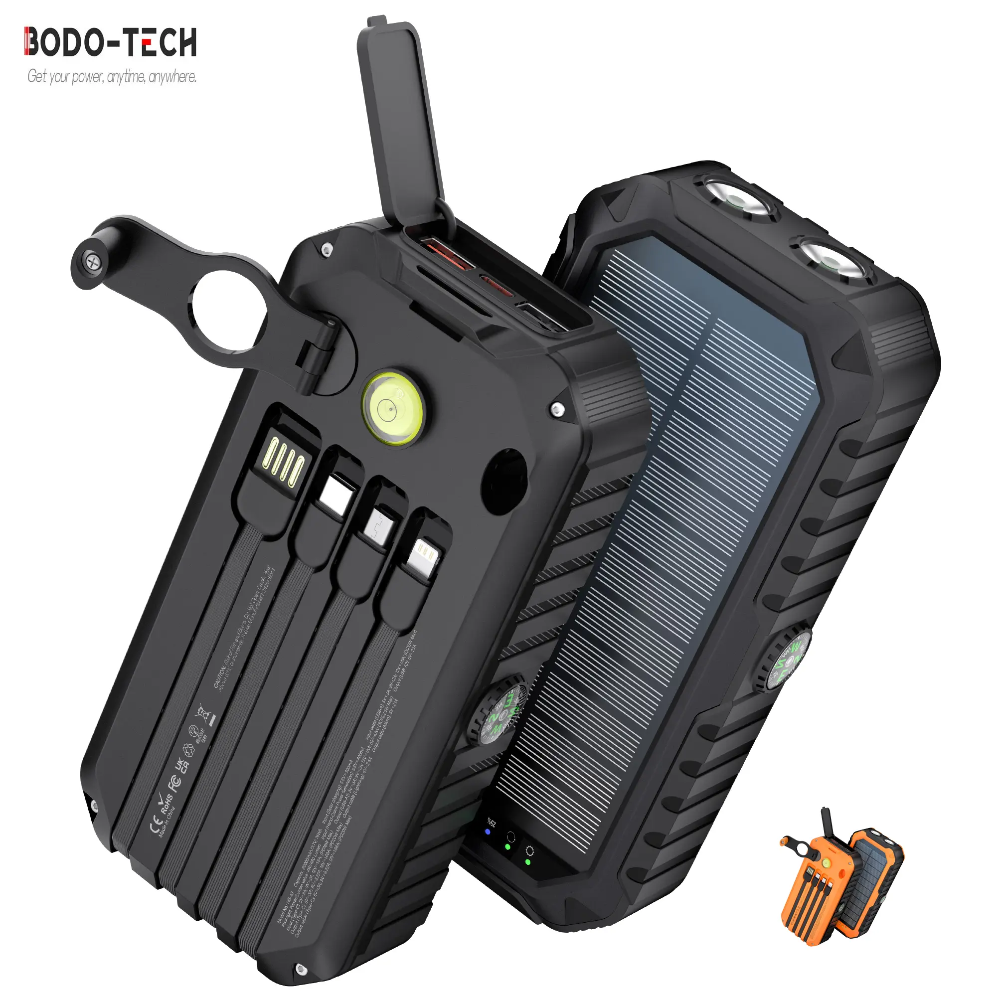 Bodo-Tech 40,000mAh Solar Power Bank with Hand Crank- 22.5W Fast Charging, 6 Outputs, 4 Built-in Cables (USB-C/Lightning/Micro/USB-A) for iPhone, Android, Camping & Emergency Chargeable battey power bank