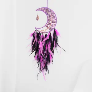 Moon Dream Catcher, 1 pcs Tree of Life Dreamcatcher with Purple Feather, Handmade Sun Catcher Wall Decor for Bedroom Study Room Courtyard Garden, Bless Gift