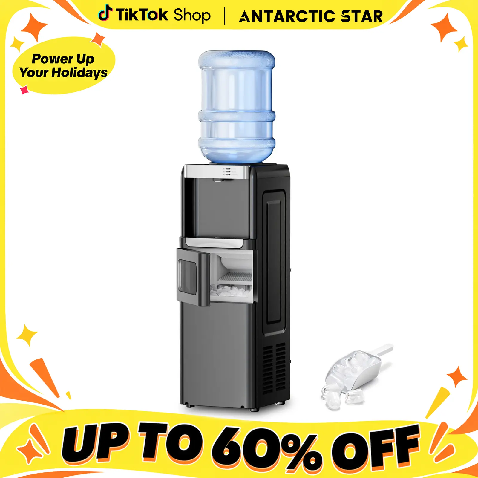 Antarctic Star 3-in-1 Water Cooler with Ice Maker, Water Dispenser and Ice Machine for 5 Gallon Bottle Top Loading, Hot and Cold Water Cooler Built-in Ice Maker with Child Lock, for Home and Office, 33lbs/24H,techvibes