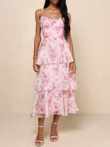 Lulus Immaculate Cutie Light Pink Floral Sleeveless Tiered Midi Dress