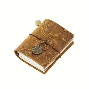 Floral Embossed Mini Travel Journal, Hard Cover Leather Pocket Notebook, Sewn Edges, Antique Coin Charm, Diary Notepad Sketchbook, Vintage Leather Journal