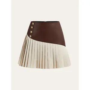 PU Panel Cotton & Linen Pleated Mini Skirt