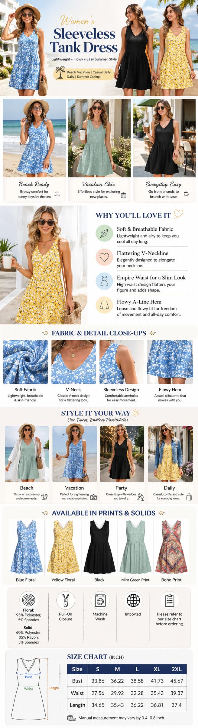 OFEEFAN Summer Dresses for Women 2026 Casual V Neck Sleeveless Tank Dress Beach Sundresses with Pockets