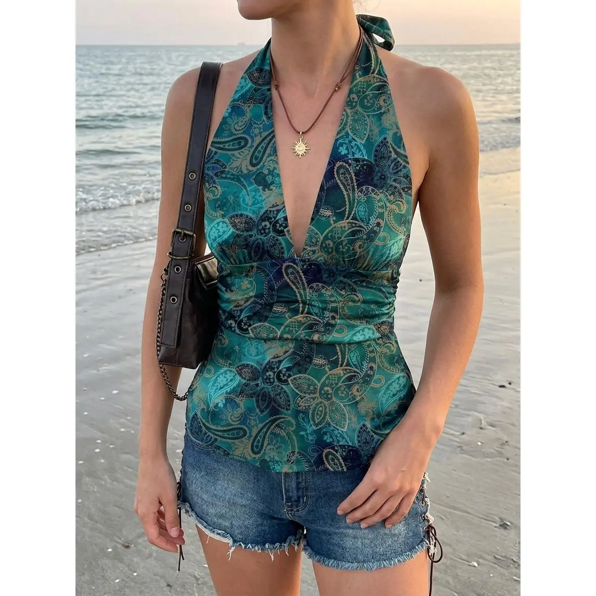 [FREE SHIPPING DEAL] Women's Casual Sexy Deep V-Neck Ruched Waist Backless Babydoll Tank Top, Suitable For Y2K, Paisley Print Teal