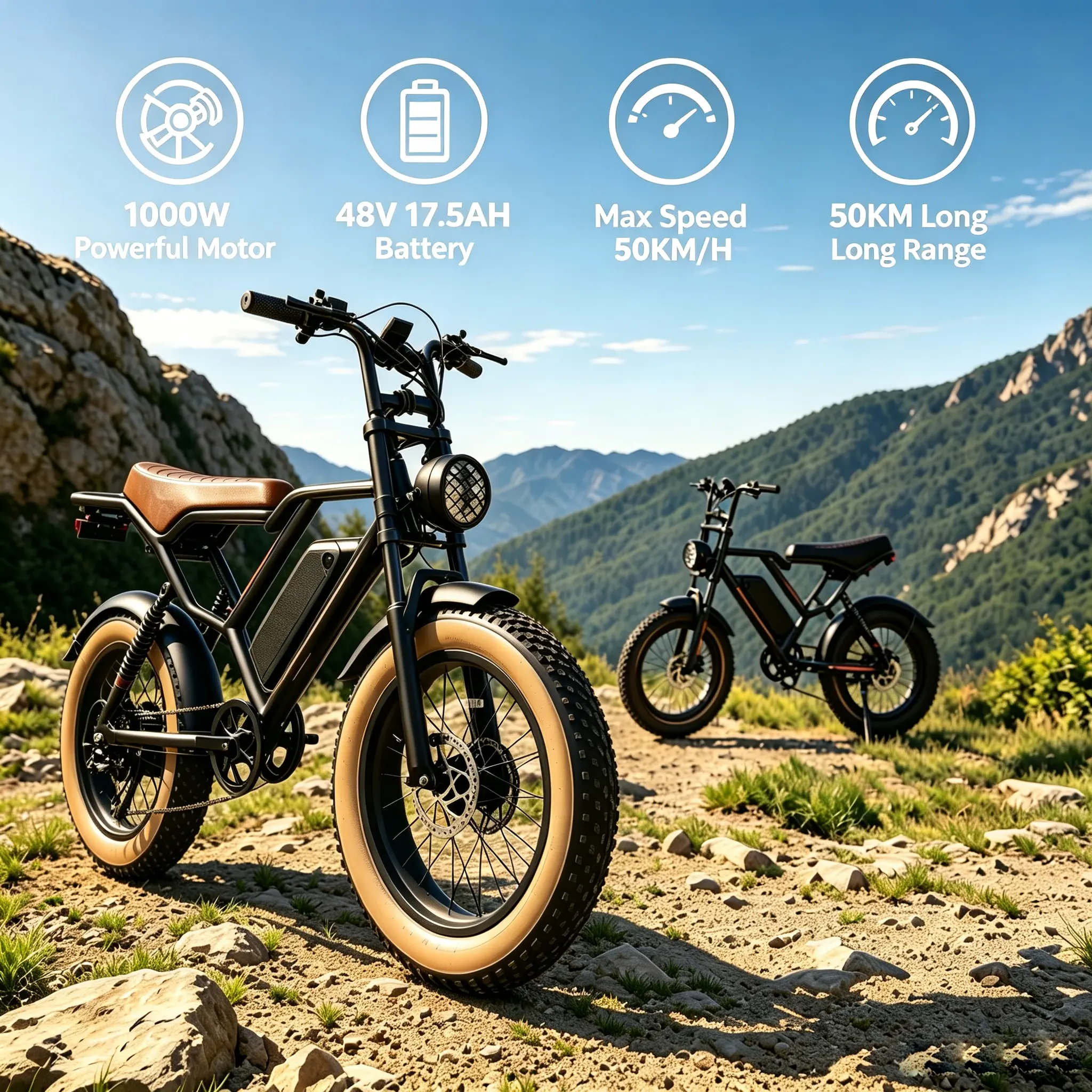 Retro Fat Tire E-Bike 1000W Motor 48V 17.5Ah Battery Full Suspension 20" Fat Tire Shimano 7-Speed Dual Disc Brake All-Terrain Electric Bike for Commute & Off-Road