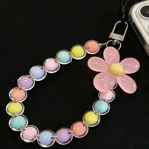 Creative Bead Hanging Rope Keychain, Anti Loss Mobile Phone Case Wristband, Flower Design, Girl Accessories, Mobile Phone Accessories