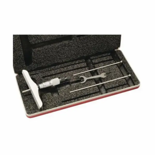 Starrett 445BZ-3RL Mechanical Depth Micrometer - 0 to 3 in., 4 in. Base, Satin Chrome, 5/32 in. Diameter, Combination Ratchet, Glare-Free Graduations