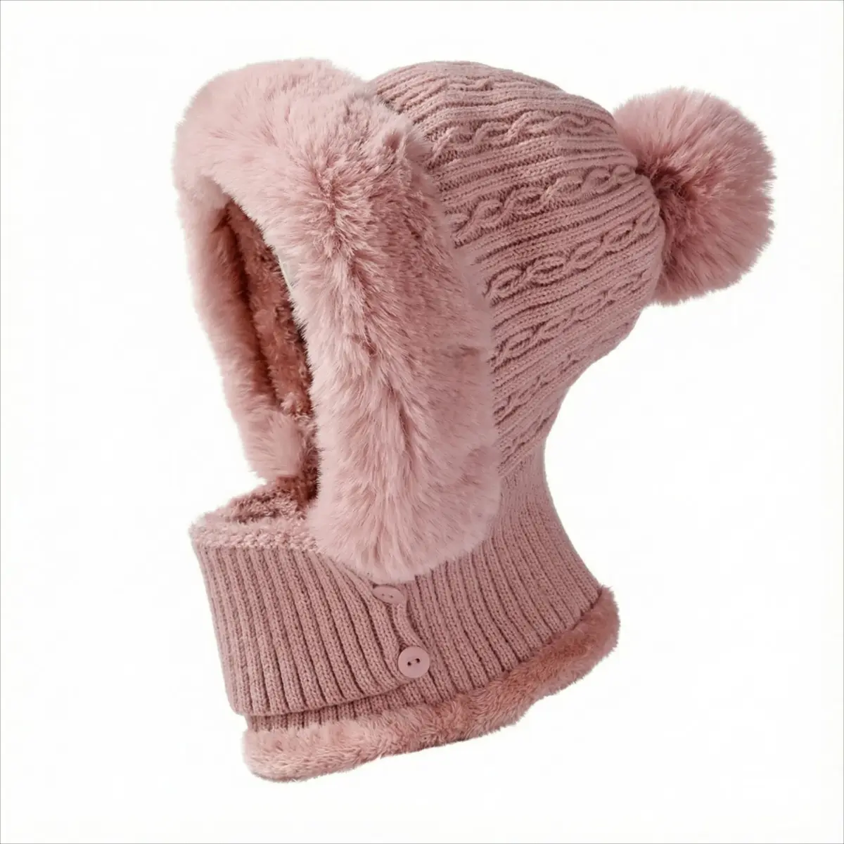 Womens Knit Beanie Hat Fleece Lined Winter Scarf Mask SetCaps Plush Earmuff Hats with Pompom,Warm ear and neck protection against cold and dampness