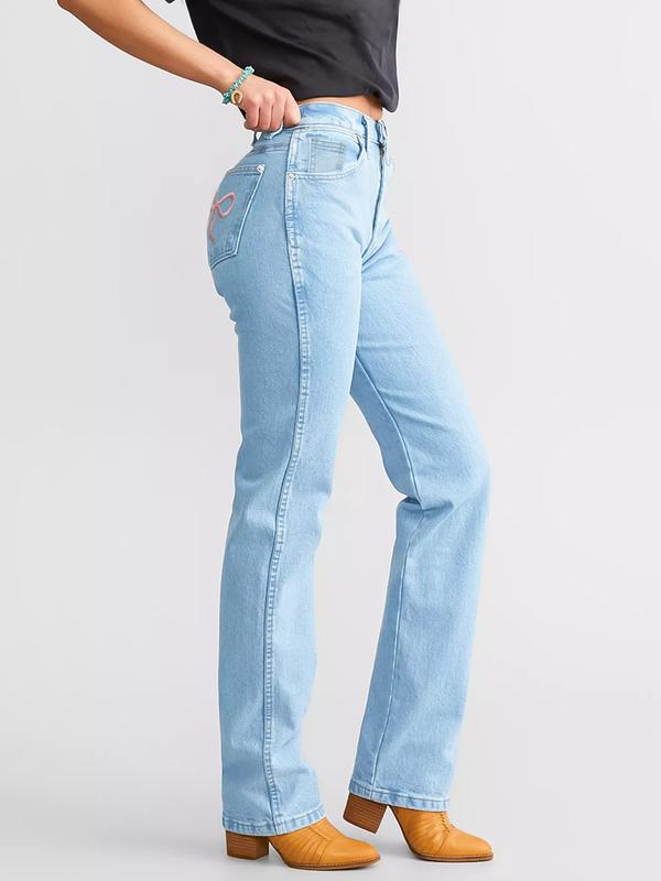 Women's Bow Embroidered  Pants with Pockets Mid Rise Baggy Jeans Y2k Straight Leg Denim stretchy