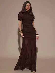 X GALILEA Elegant Dark Brown Ruched Bodycon Dress For Women,Autumn Evening Cocktail Party, Date,Formal Gathering,Christmas New Year Winter Dresses