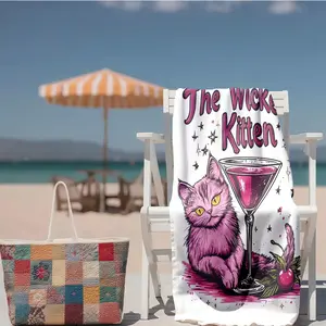 1 piece The Wicked Kitten and Cocktail-themed Illustration themed beach towel - Super soft fluffy flannel blanket, suitable for sofas and beds, all-season use, modern design, digitally printed pattern, 100% polyester material, machine washable