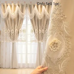 1pc European Style Double Layer 100%Blackout Curtains, Embroidered Lace Top, Polyester Bottom, Ideal for Living Room and Bedroom Decor, Blackout Window Cover