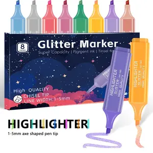 8-Pack Metal Color Glitter Fluorescent Pens Set, Student Journal Highlighter Markers, Sparkle Fluorescent Pen Kit for Note-Taking
