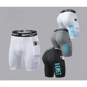 Men's 3-piece compression shorts set (black, white, gray) in a three-color combination, featuring a "beast" print, made of quick-drying elastic fabric, suitable for gym, running, and basketball activities