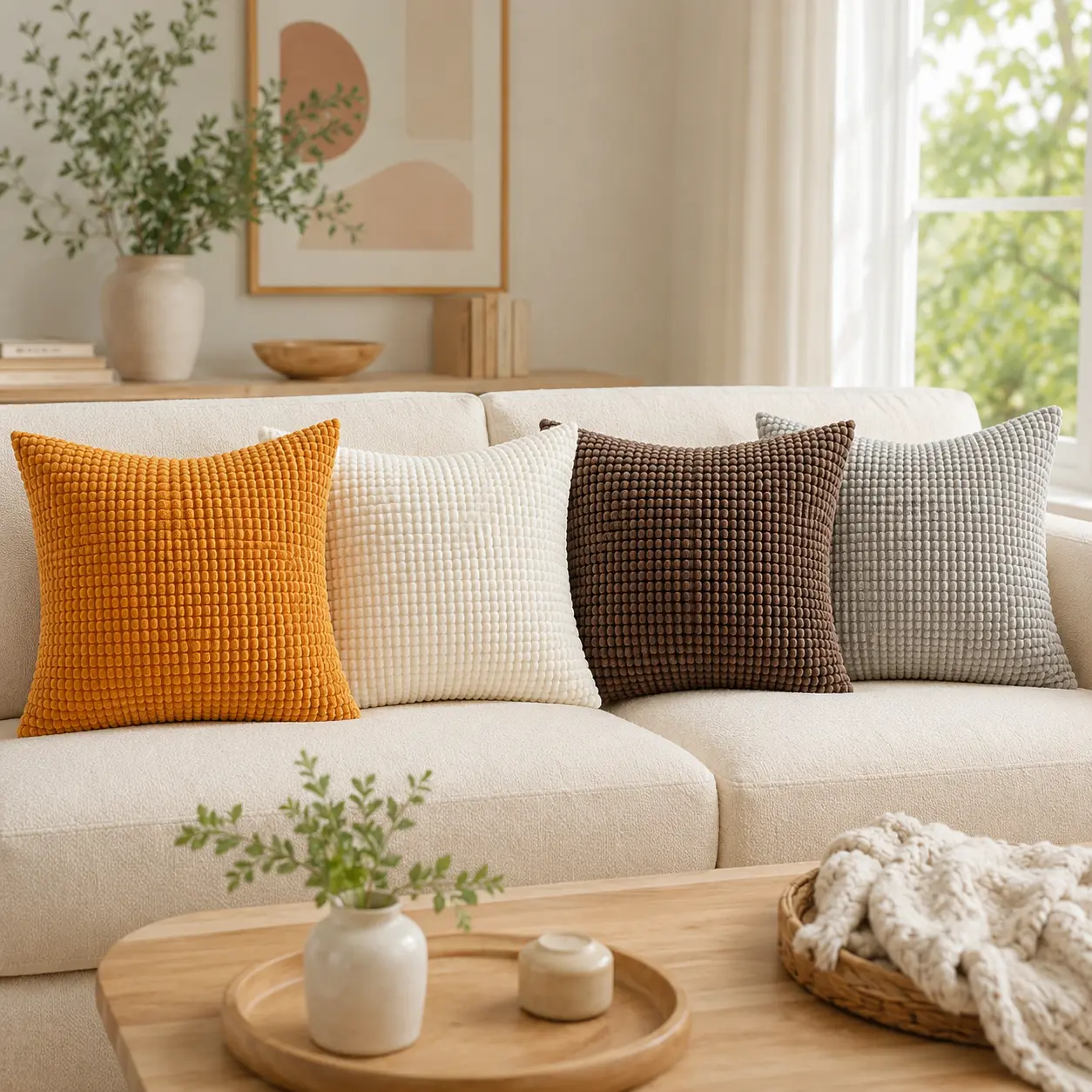 2-Pack 18x18 in Corduroy Throw Pillow Covers, 3D Corn Kernel Textured Decorative Cushion Slipcovers with Invisible Zipper, Country-Style Covers for Sofa Couch Living Room Decor, Country Look