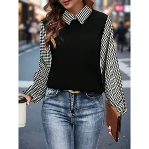 Women's Elegant Houndstooth Textured Collar Long Sleeve Casual Office Shirt Multicolor Fabric Loose Fit Top for Women