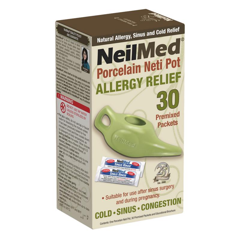 NeilMed Porcelain Neti Pot 8oz with 30 Premixed Sinus Rinse Packets for Natural Allergy Relief Nasal Wash Cleaner Easy Flow No Spill Design