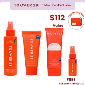 Tower 28 SOS Bundle: SOS Rescue Spray, Recovery Cream, Face Guard SPF 30 (+ FREE Mini SOS Rescue Spray + Makeup Bag)