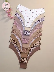 10-Pack Women'S Sexy Leopard Print Briefs, Mid-Rise Knit Fabric Underwear, Seamless Comfortable Breathable Panties, Polyamide 75% Elastane 25%