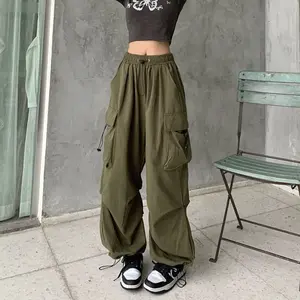Cargo Pants Women Baggy Y2K High Waisted Plus Size Camo Parachute Track Pants Elastic Adjustable Hiking Joggers with Pockets