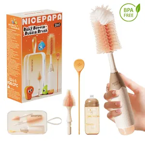 NICE PAPA Baby Bottle Brush Kit - 2in1 Innovative Push-Press Design for Better Cleaning - Safe Food-Grade Silicone, BPA-Free, Non-Slip Handles, Compact Travel Bag Included,value pack