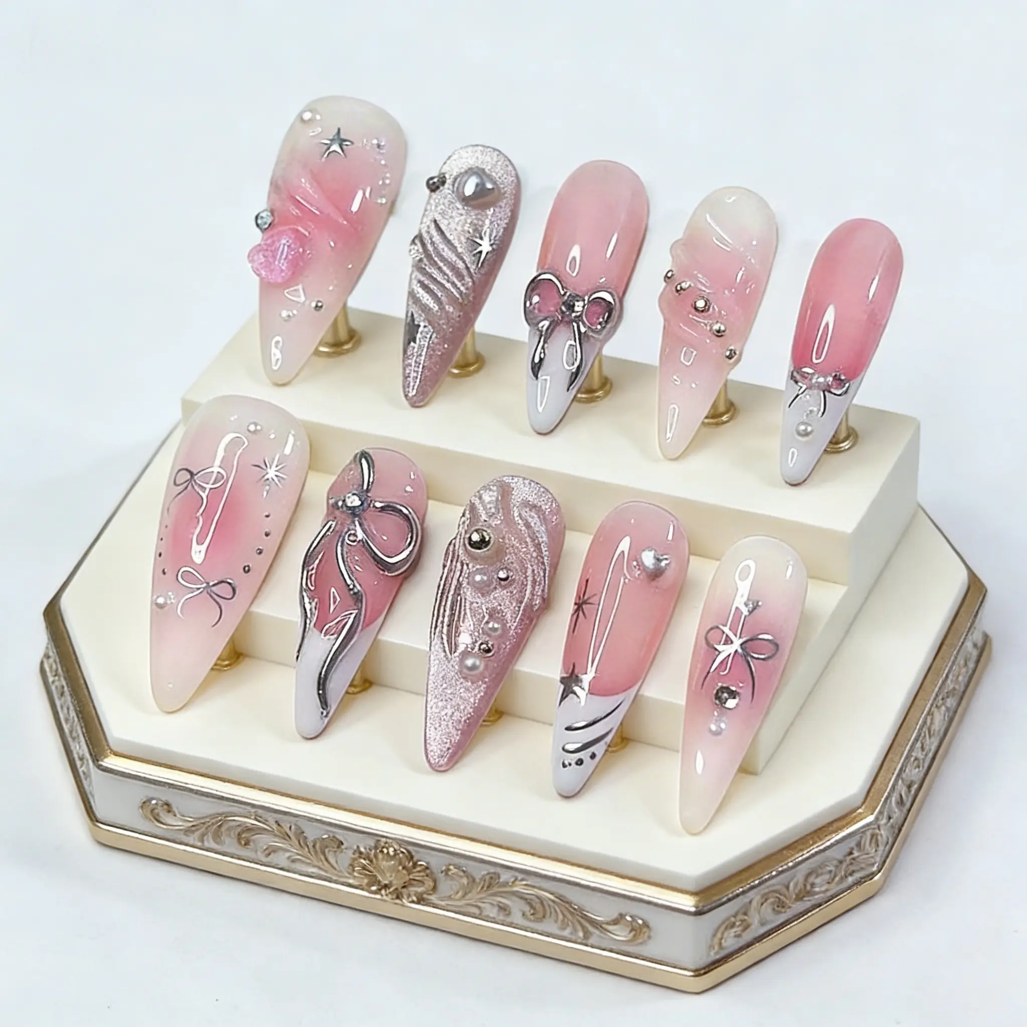 Luxury Gradient Butterfly Nail Stickers, Decorative Nails, Nail Art Products, Glossy Fake Nails with Silver Glitter Lines, Glittering Fake Nails, 3D Rhinestones, Reusable for Parties & Gifts
