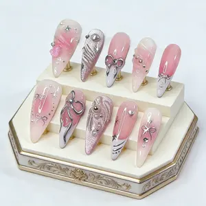 Luxury Gradient Butterfly Nail Stickers, Glossy Fake Nails with Silver Glitter Lines, Glittering Fake Nails, 3D Rhinestones, Reusable for Parties & Gifts