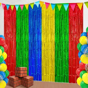Video  Foil Fringe Curtains Backdrop Birthday Party Decorations, 4 Pack 3.28 X 6.56 Ft Red Green Yellow Blue Tinsel Streamer Banner Photo Booth Props for Cartoon Gaming Themed Decor Supplies