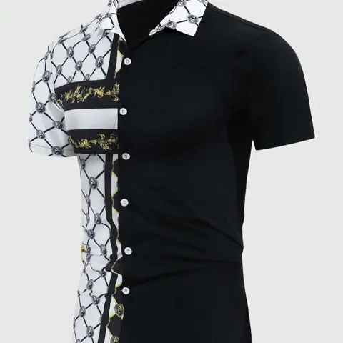 Men's Regular Fit Patchwork Plaid Print Casual Golf Polo Shirt, Casual Short Sleeve Collared Top for Summer, Fashion Men's Clothes for Daily Wear, Tropical, Golf Shirts
