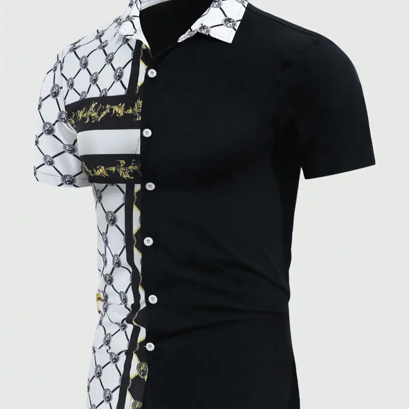 Men's Regular Fit Patchwork Plaid Print Casual Golf Polo Shirt, Casual Short Sleeve Collared Top for Summer, Fashion Men's Clothes for Daily Wear, Tropical, Golf Shirts