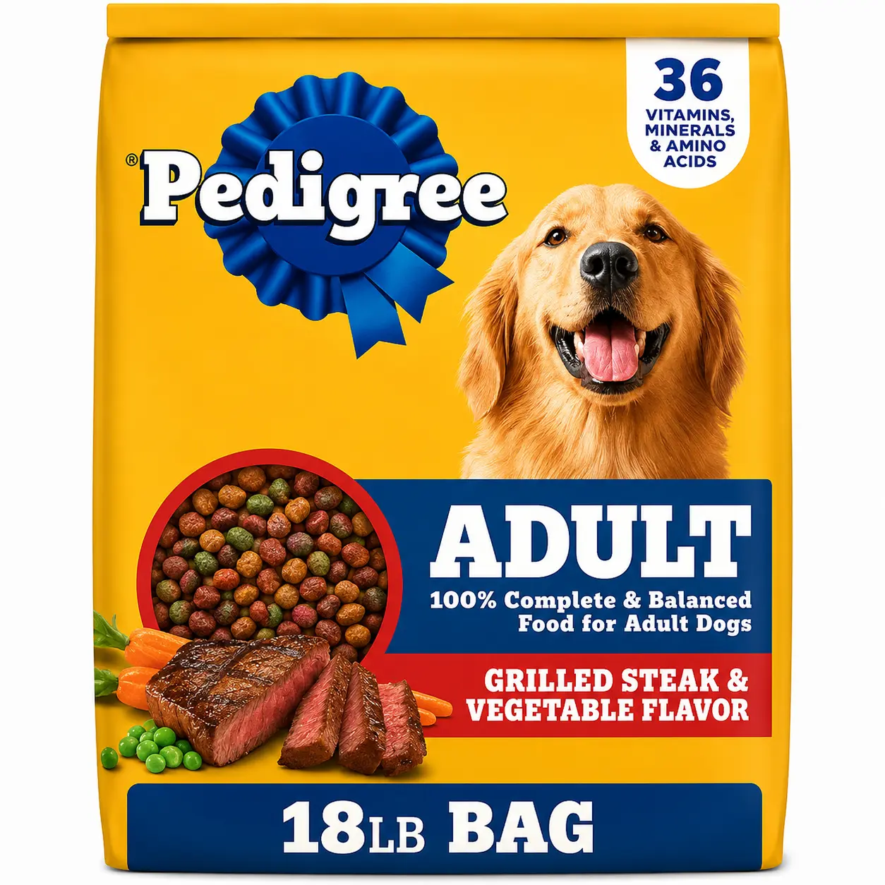 Adult Dry Dog Food, Grilled Steak & Vegetable Flavor Complete Balanced Daily Meal with Potassium Chloride, Red 40, Zinc, Copper Sulfate, Amino Acids, Vitamin A Supplement, Lean Muscle Support, 18 lb (Pack of 1), 24-Month Shelf Life