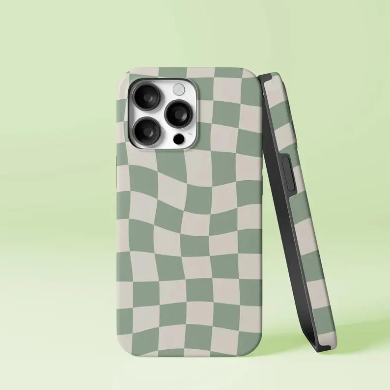 Sage Green Warped Checkered Durable Smartphone Casing - Shockproof Protective Accessory for iPhone 11/12/13/14/15/16/17 Pro, ProMax, Plus, Air, Handheld Devices, Gift for Her